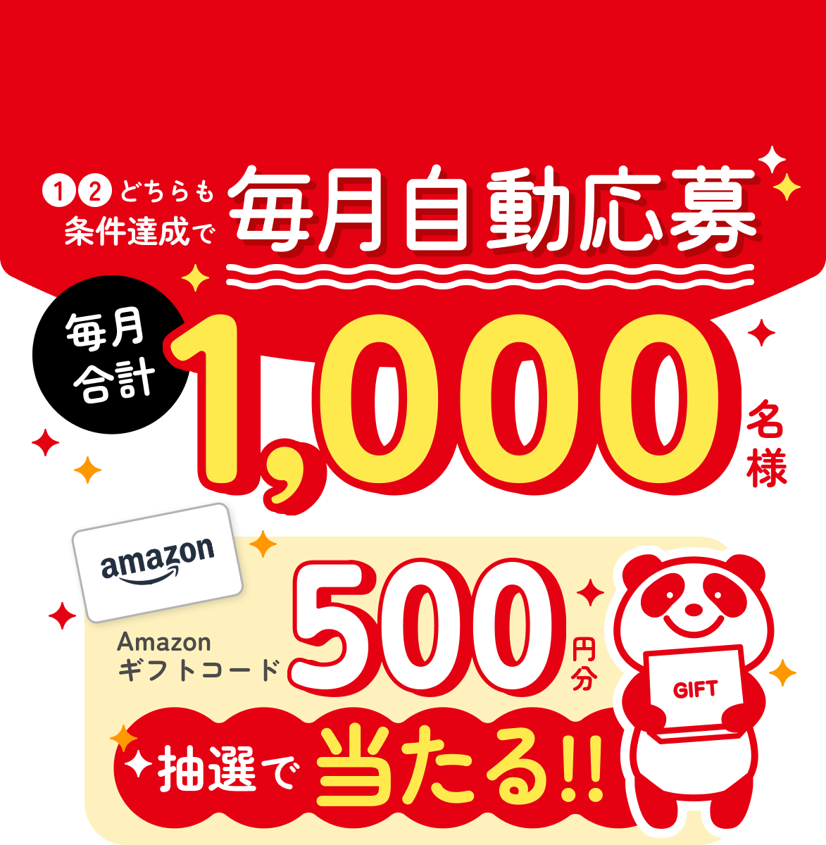 １、２　どちらも条件達成で毎月自動応募。毎月合計1000名様。Amazonギフトコード500円分抽選で当たる!!